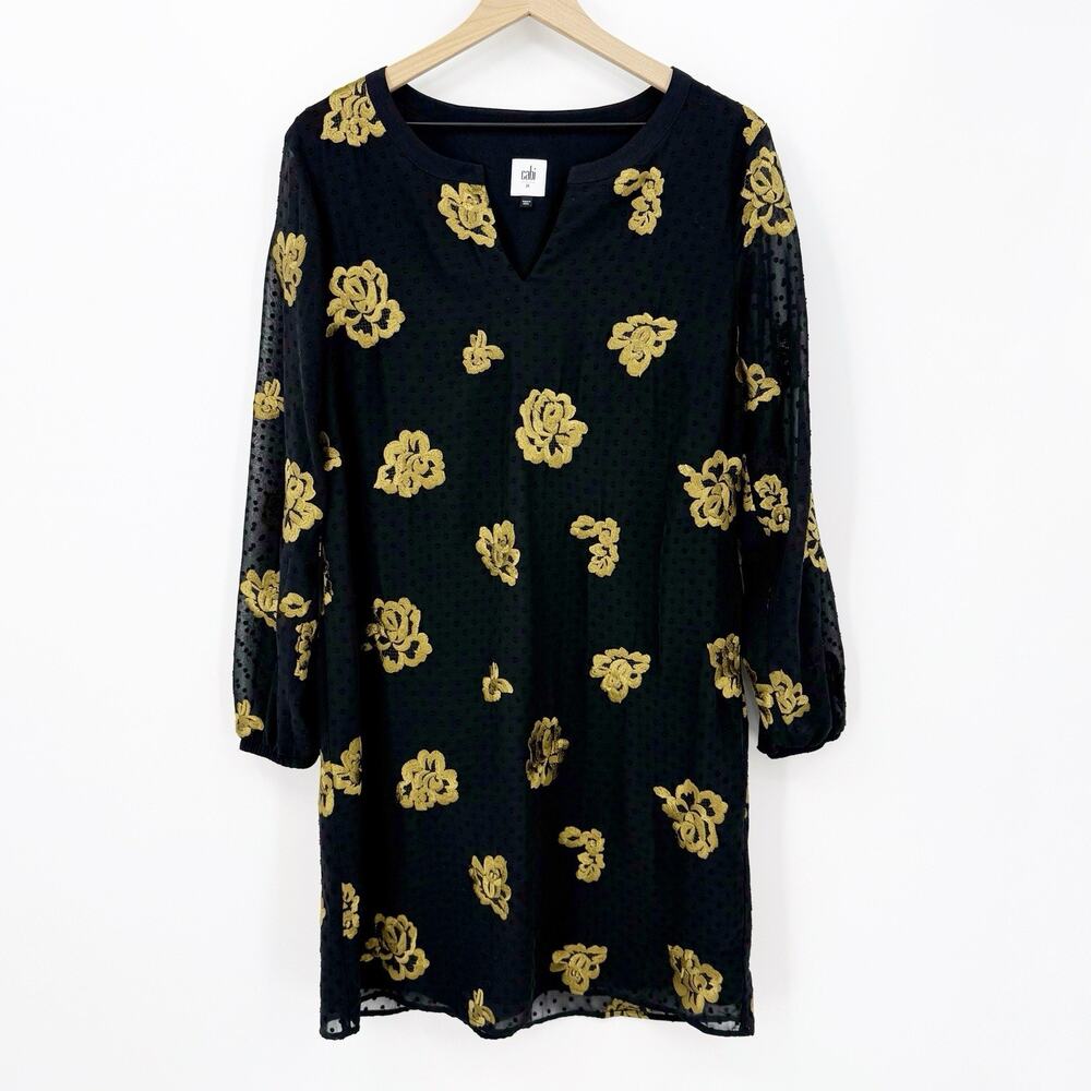 Cabi Shift Dress M Black Gold Embroidered Floral Swiss Dot Chiffon Holiday Party